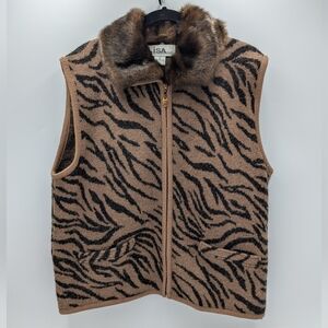 Lisa International 100% Wool Tiger Print Faux Fur Vest XL Mob Wife Brown Glam